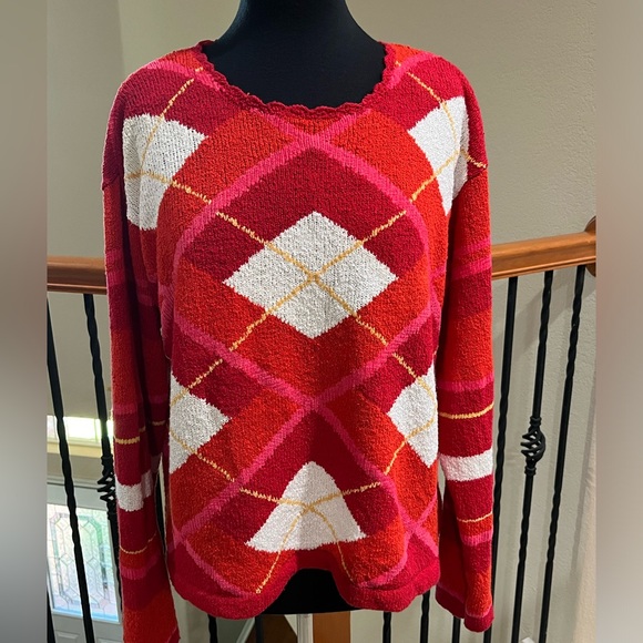 Eagle's Eye Vibrant Red ARGYLE Sweater VINTAGE, WOMEN SIZE L: - Picture 1 of 8